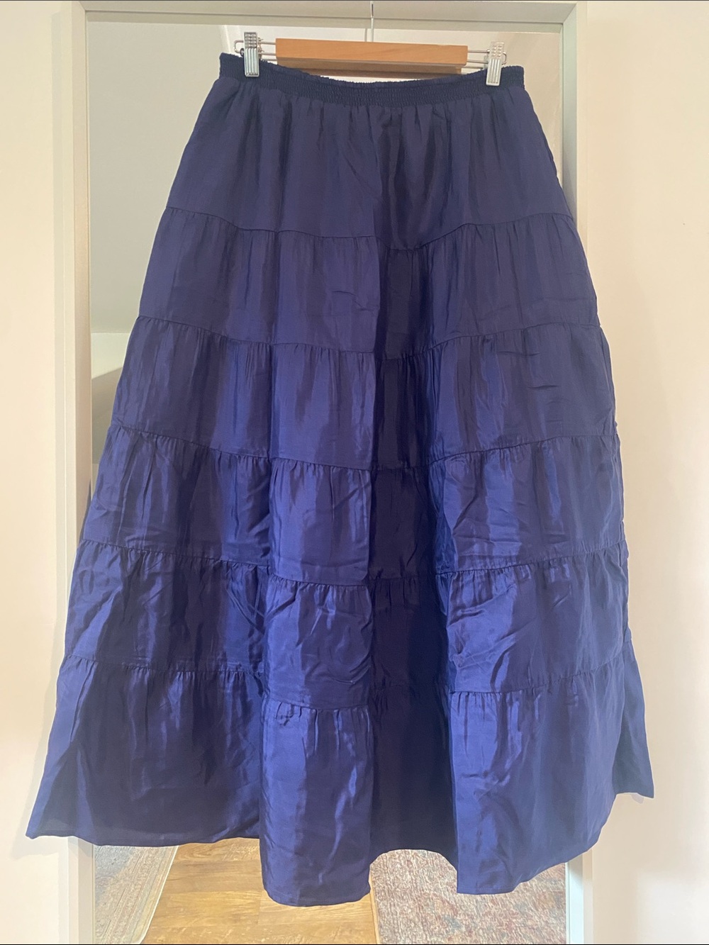 Garnet Hill 100% silk maxi skirt purple blue elastic waist